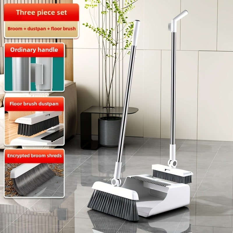 Best Quality 3-in-1 High-Efficiency Ergonomic Long Handle Floor Cleaning Kit - Durable Broom, Dustpan & Brush Set for Home, Office, School, Redroom, Dorms - Easy-to-Clean Household Cleaning Essentials
