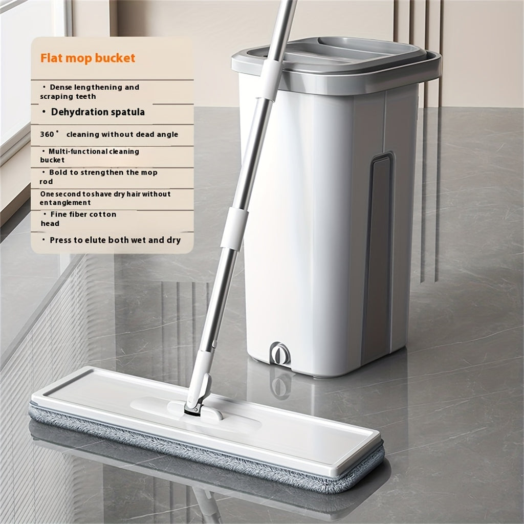 Hands-free Flat Mop And Bucket Set With 2 Reusable Microfiber Pads, Long Handle, Wringer, 360° Flexible Swivel For Floor Cleaning And Wall Cleaning, Mop And Bucket Cleaning Set
