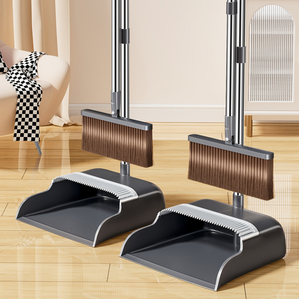 JOYBOS Broom and Dustpan Set, Long Handle, Extended Comb Teeth, Unflagged Bristle, Upgraded Design, with Plastic Processable Materials, for Hard Floor, Living Room, Bedroom, Outdoor, Car, Patio, Office, Home, Kitchen, Indoor and Outdoor Sweeping