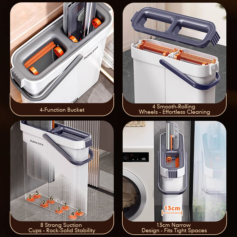 Upgrade Large Flat Mop And Bucket Set with Wringer, Hands Free Floor Mop And Bucket for Deep Cleaning, Wet And Dry Use, Wash&Dry Dual Bucket, with 2 Reusable Microfiber Pads, Space-Saving Design for Hardwood, Tile, Laminate Floor, Window, Wall Clean