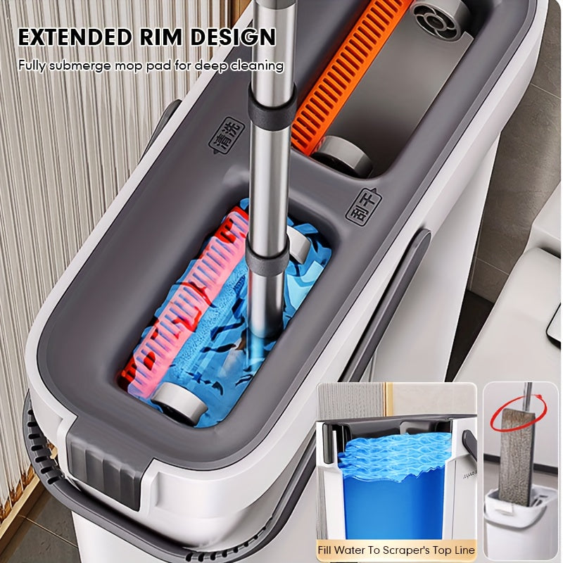 Upgrade Large Flat Mop And Bucket Set with Wringer, Hands Free Floor Mop And Bucket for Deep Cleaning, Wet And Dry Use, Wash&Dry Dual Bucket, with 2 Reusable Microfiber Pads, Space-Saving Design for Hardwood, Tile, Laminate Floor, Window, Wall Clean