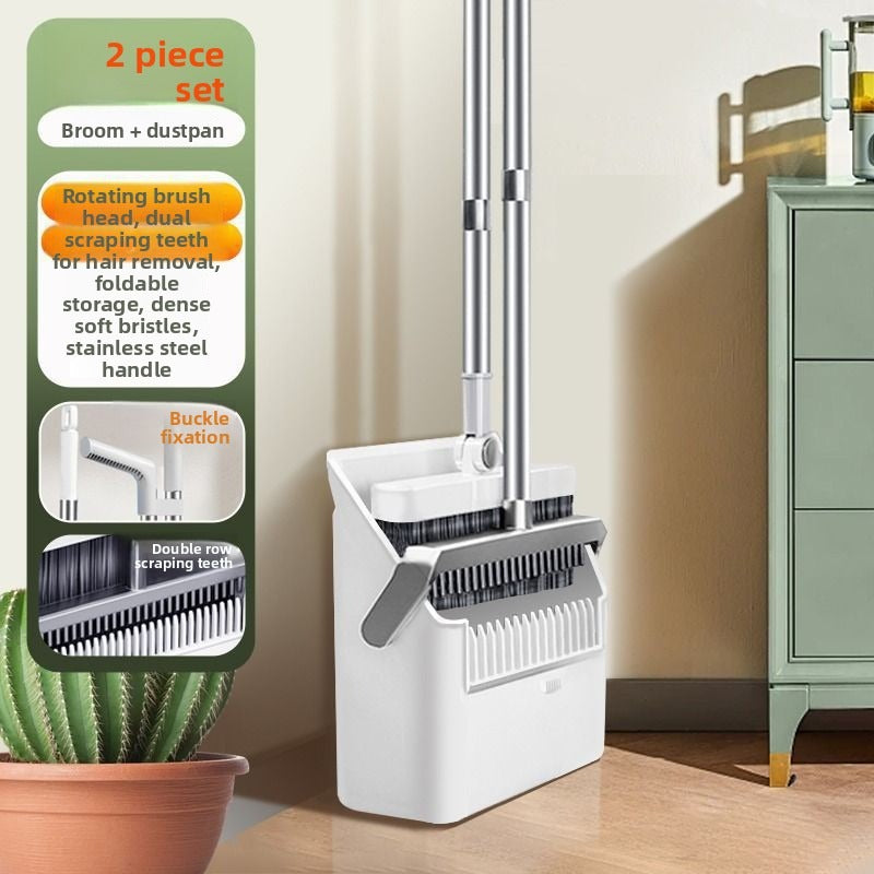 Magic Soft Bristle Broom and Dustpan Set | Dual Scraper Teeth, Folding Upright Standing Dustpan, Easy Floor Sweeping and Cleaning Tool, Made of Plastic